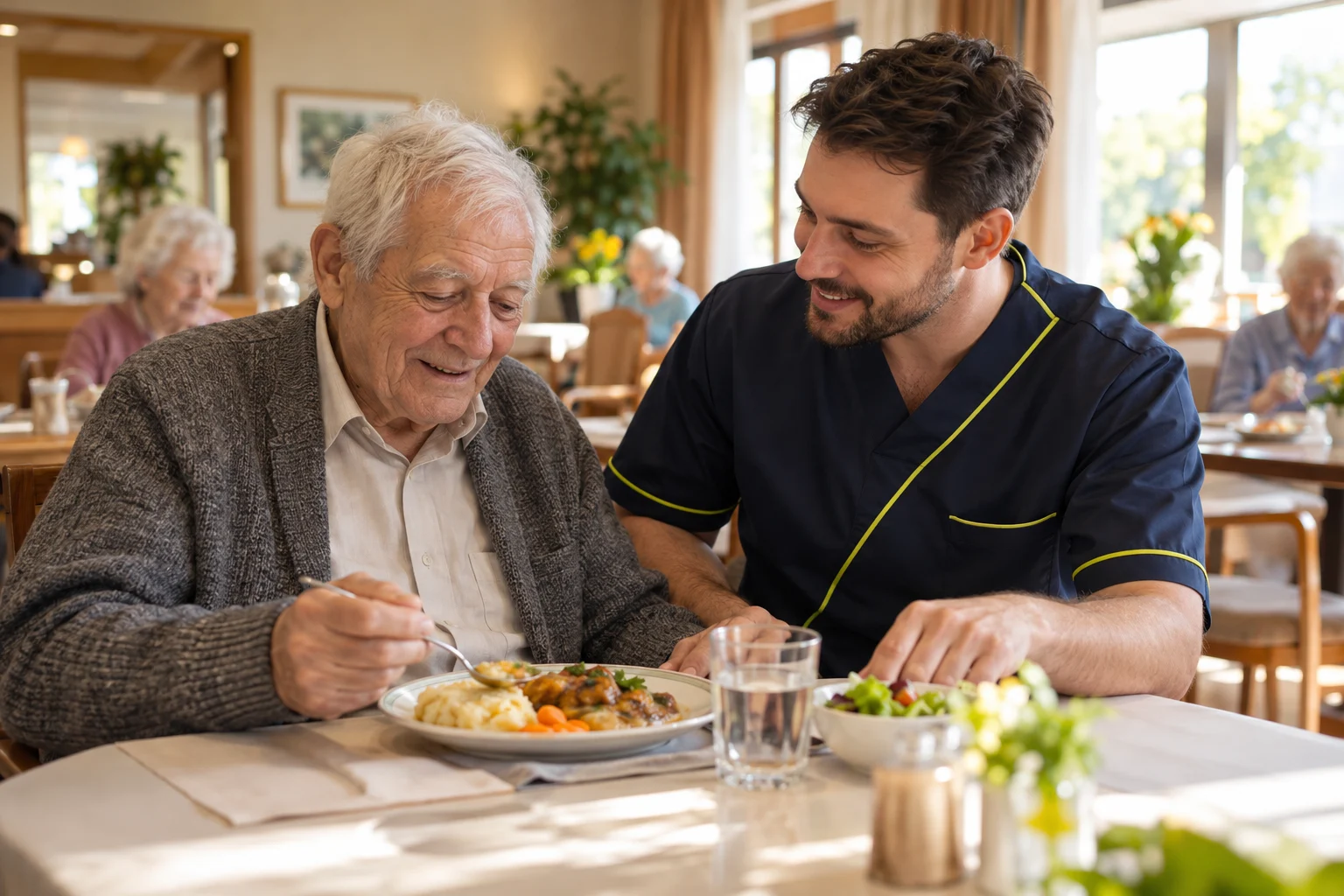 Pflegekraft unterstützt einen älteren Mann beim Mittagessen – KI-generiertes Beispielbild