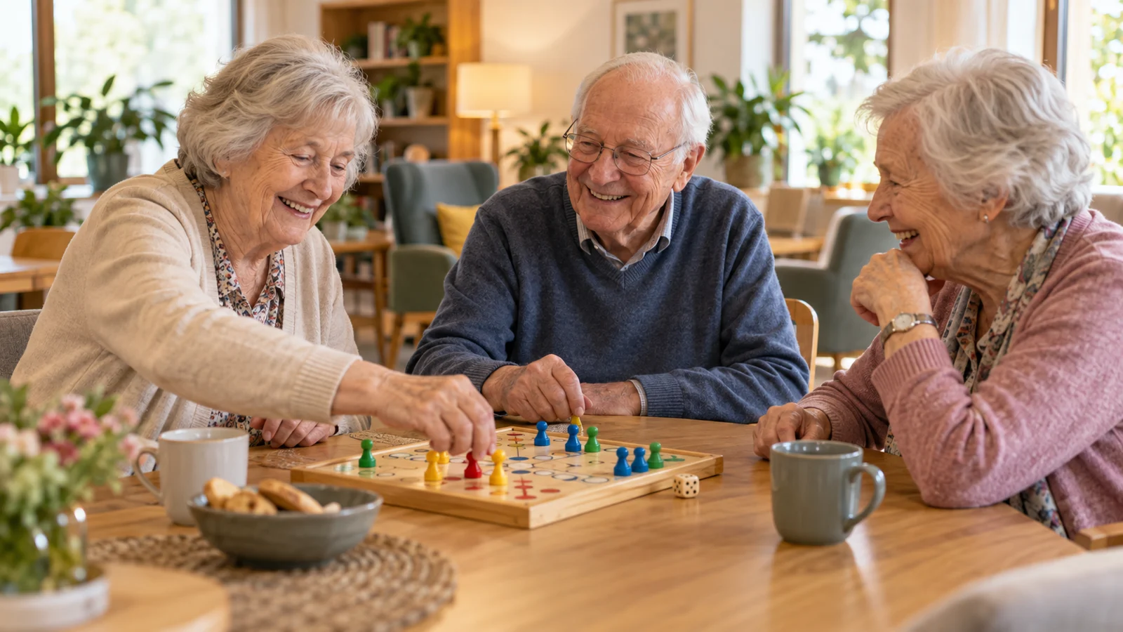 Drei ältere Menschen spielen gemeinsam ein Brettspiel – KI-generiertes Beispielbild